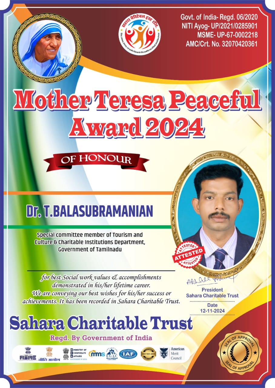 Certificate — Mother Teresa Peaceful Award